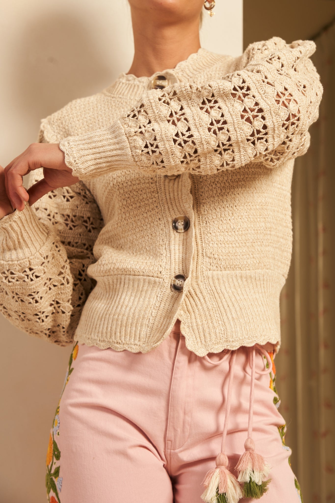 Henri Button Crochet Cardigan, Gardenia
