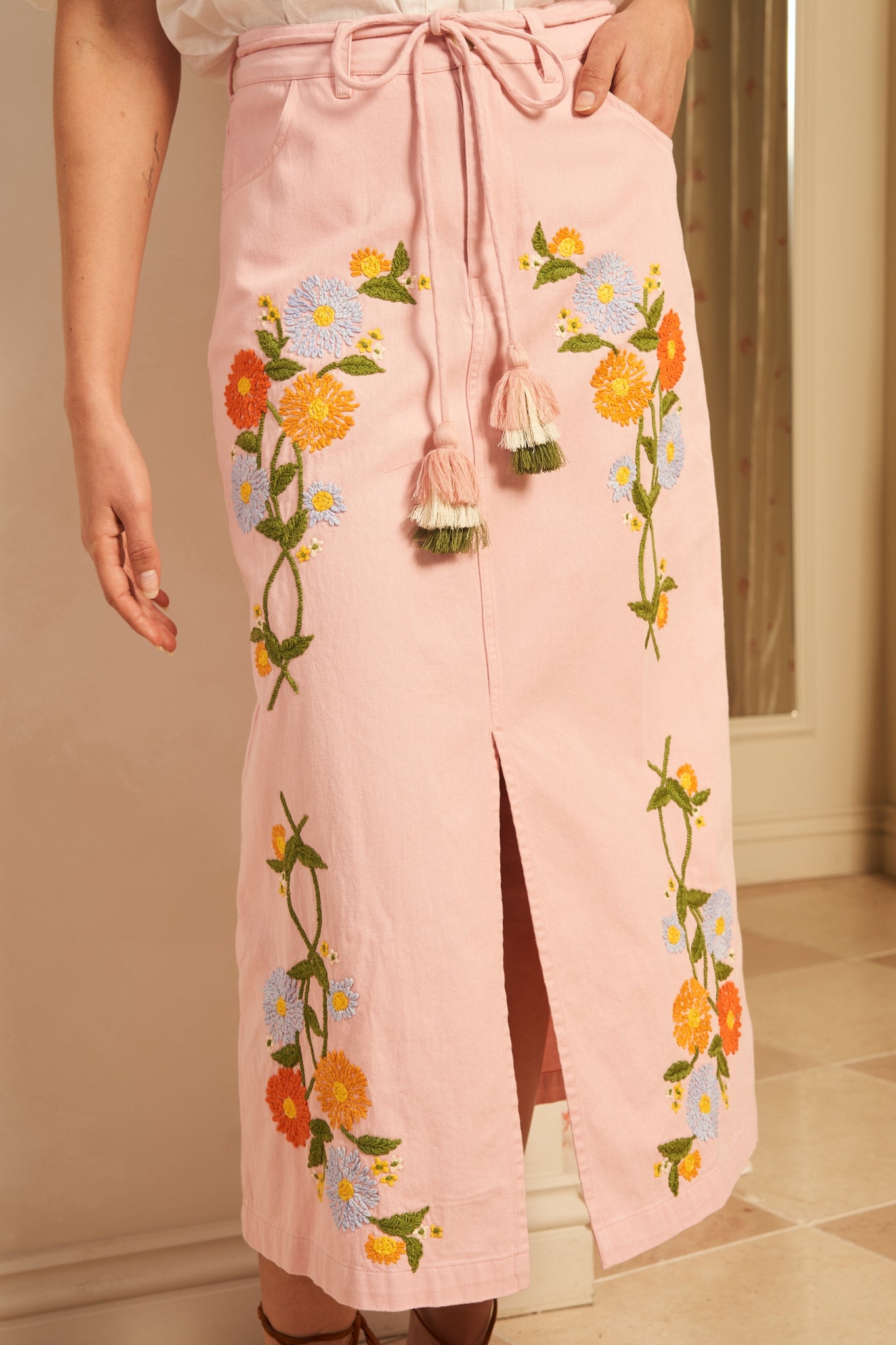Paula Embroidered Midi Skirt, Camelia Rosa